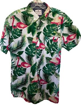 DITCH PLAINS By Ricky Singh TROPICAL Palms and Flamingos Print SHIRT Size Large